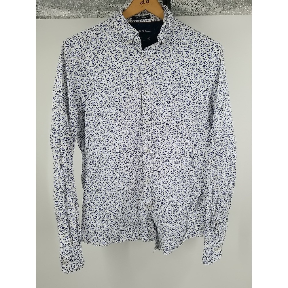 Cactus Mens Shirt Size Medium Slim Fit Button-Up Long‎ Sleeve White Floral